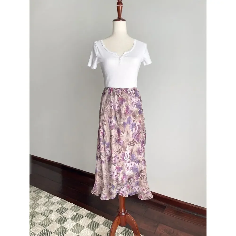 90s VTG Fairy Grunge 2-pc Floral Maxi Skirt Set 8P Purple Whimsigoth Ruffle Trim